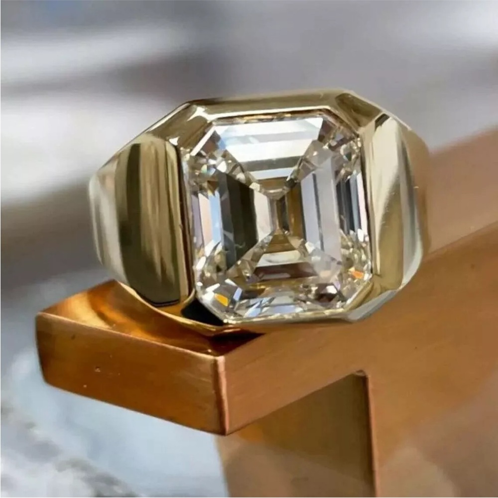 Gold Plated 925 Sterling Silver Ring with 3 Ct Asscher-Cut Moissanite